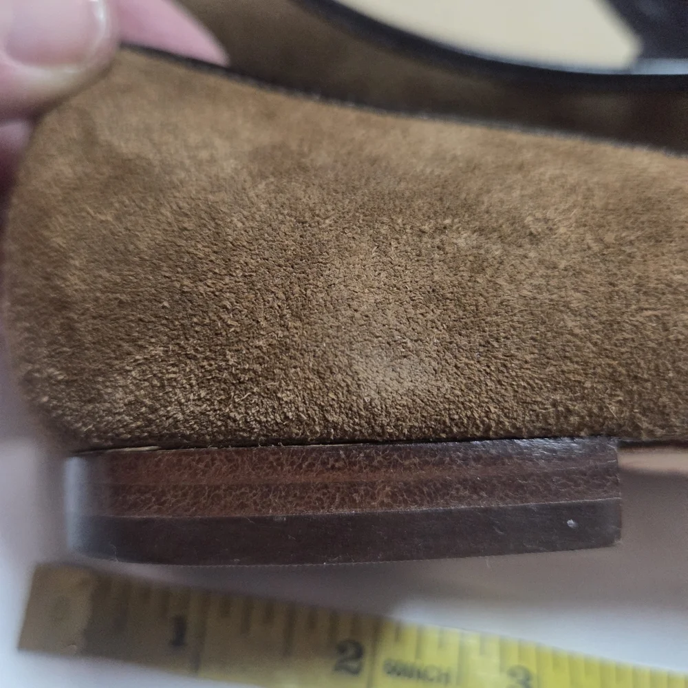 Michael Kors Suede Peep Toe Flats 9.5 Tan Buckle Patent Trim